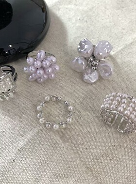 超精致！花朵戒指方形复古珍珠中古质感叠戴戒指气质指环