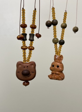 手作复古木质卡通吊坠串珠项链轻奢小众设计感民族风锁骨链毛衣链