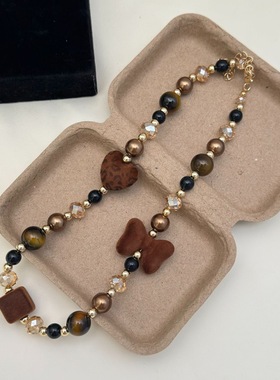 新款豹纹蝴蝶结爱心木马吊坠项链女小众设计感高级轻奢气质毛衣链