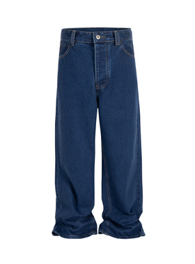 美式街头直筒排扣牛仔裤男女同款vibe风复古通勤休闲深蓝色长裤