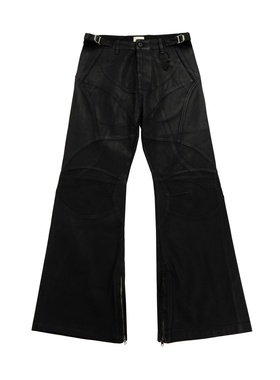 RO风格vibe暗黑高街涂层刷蜡机车盔甲拼接褶皱廓形微喇叭休闲裤男