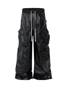 RO风格潮牌暗黑多口袋工装直筒休闲抽绳哑光面涂层阔腿拖地裤男女