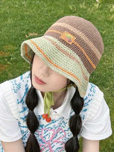 Likio 奶油蜡笔撞色手工编织帽渔夫帽子