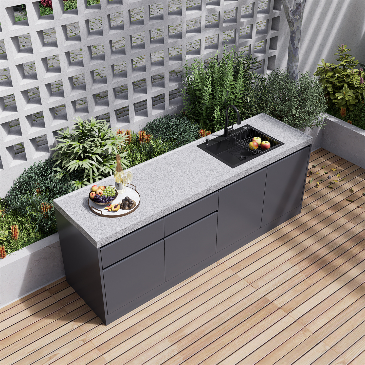 芝麻白铝合金储物柜现代简约庭院别墅花园操作台防水耐晒一体柜