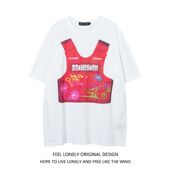 Feel lonely国潮原创设计小众印花t恤男女潮牌夏宽松oversize圆领