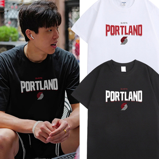 开拓者杨翰森同款Portland字母纯棉T恤美式休闲篮球运动训练服潮
