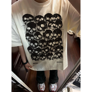 美式高街骷髅印花短袖男夏季新款情侣宽松百搭纯棉hiphopT恤上衣