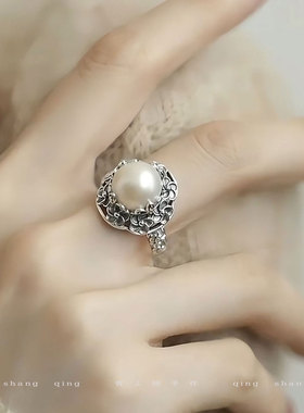 925银复古新中式鸡蛋花珍珠戒指