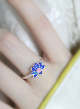 925银民族风珐琅莲花轻奢戒指女
