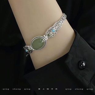 925银新中式复古国风椭圆镂空花纹手镯女士手链手环文艺复古开口
