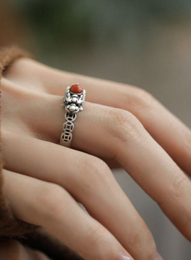 925银复古南红貔貅高级百搭戒指