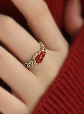 925银中国风南红葫芦铜钱戒指女