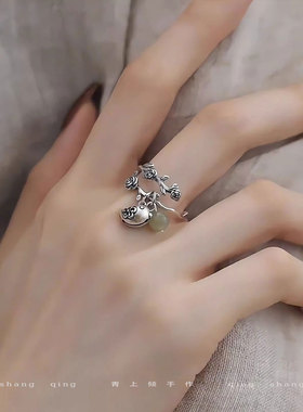 925银复古国风玫瑰小鸟圆珠戒指