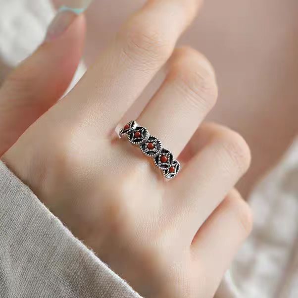 925银民族风铜钱币南红戒指小众中式气质百搭精致复古高级感指环