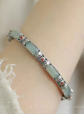 925银复古民族风烟灰玉明妃手镯