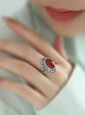 925银新中式椭圆蛋面护盾戒指女