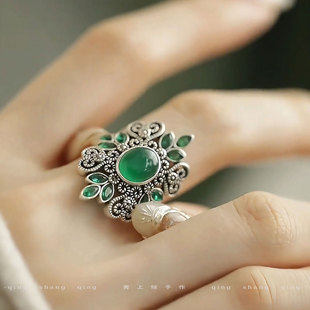 [绿野仙踪]新中式925银碧绿花朵戒指复古小众设计高级感轻奢指环