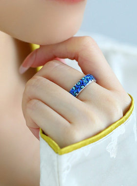 925银复古珐琅祥云气质百搭戒指