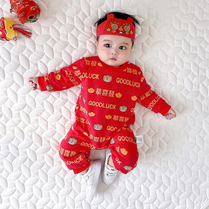 婴儿衣服冬加绒连体爬服虎年恭喜发财连体衣宝宝衣服中国风拜年服