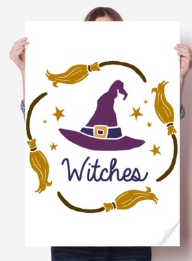 万圣节紫色帽子卡通图案海报贴纸80x55cm墙贴纸卧室家居装饰