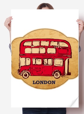 英国伦敦邮票复古红双层巴士海报贴纸80x55cm墙贴纸卧室家居装饰