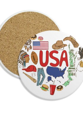 美国心形星条旗USA插画图案圆形杯垫水杯隔热垫2片装礼品礼物茶道