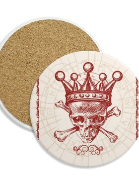 方块红色皇冠骷髅扑克插画图案圆形杯垫水杯隔热垫2片装礼品礼物