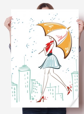 雨伞女人城市天气裙子海报贴纸80x55cm墙贴纸卧室家居装饰