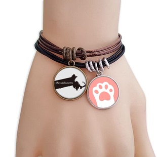 马萨诸塞州美国地图轮廓黑棕手链对饰品猫咪礼物礼品自带仙气