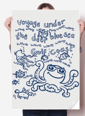 蓝色章鱼海洋生物纹样海报贴纸80x55cm墙贴纸卧室家居装饰
