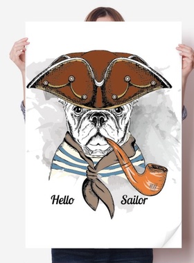 可爱穿衣服的小狗水彩插画海报贴纸80x55cm墙贴纸卧室家居装饰