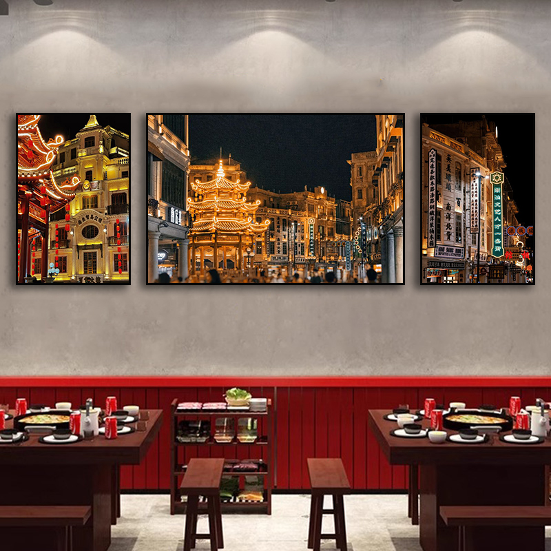 潮汕特色建筑夜景装饰画潮州汕头现代风景挂画火锅店饭店餐馆壁画图片