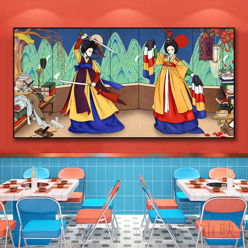 韩国烤肉装饰画复古朝鲜料理餐厅海报挂画韩式炸鸡部队火锅店壁画图片