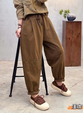 SUME素米2024秋季新款大码女装休闲裤女水洗棉胖mm哈伦百搭老爹裤