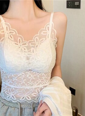SUME素米法式蕾丝背心固定杯吊带背心女纯欲风可调节肩带外穿美背