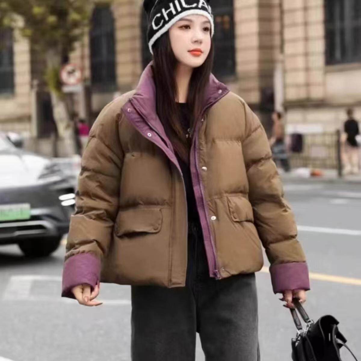 SUME素米90白鸭绒羽绒服女拼色短款立领时尚休闲百搭潮流冬季韩版
