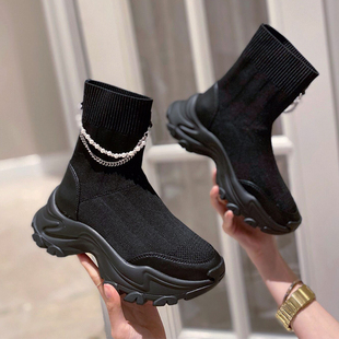 高帮袜子鞋女2021夏秋新款厚底运动高筒老爹鞋飞织弹力袜子靴短靴