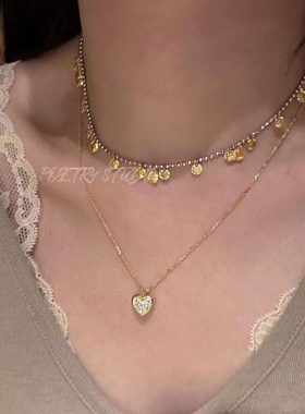 S925纯银波光粼粼发财珠珠黄钻满天星项链超仙星河璀璨颈链抽拉式