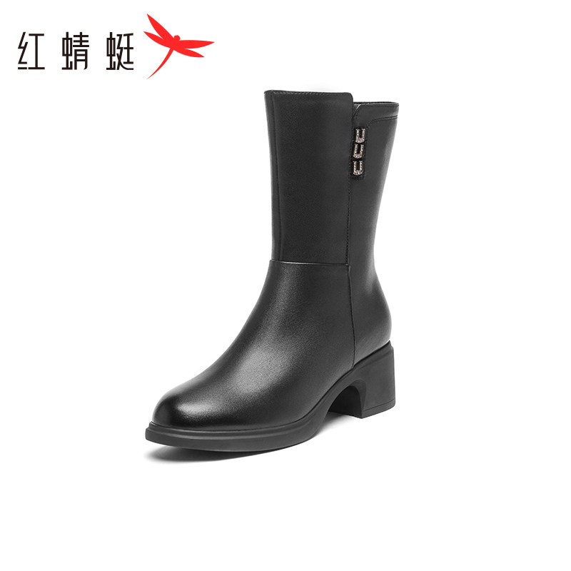 红蜻蜓女靴2025秋冬新款真皮保暖加绒时尚百搭厚底中筒女靴
