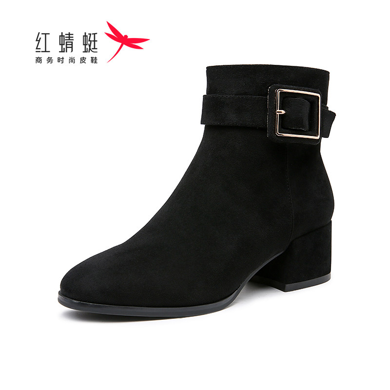 红蜻蜓女鞋女靴秋冬季新款时尚百搭粗跟中跟加绒保暖舒适透气防滑