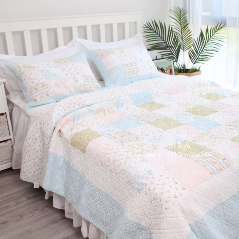 夏季新品韩式田园全棉拼布绗缝床盖三件四件套纯棉加厚床单空调被