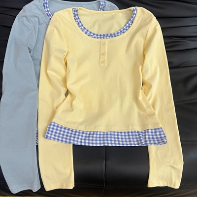 正肩气质显瘦t恤女早秋2025新款嫩黄色假两件长袖内搭打底衫上衣