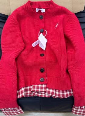 新年穿搭红色毛衣外套女秋冬2025新款假两件针织开衫别致绝美上衣