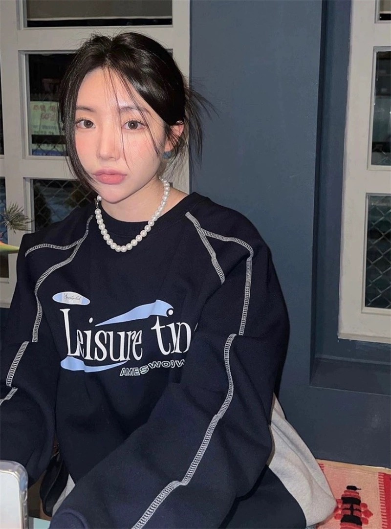 韩国春季新款美式复古街头风运动休闲宽松明线印花卫衣男女球衣