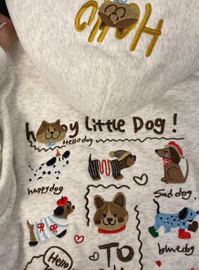 可爱到一塌糊涂！灰色小狗刺绣套头连帽卫衣女装秋季宽松长袖上衣