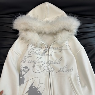 y2k轻亚文化毛领卫衣外套女2025新款秋冬设计感小众连帽开衫上衣