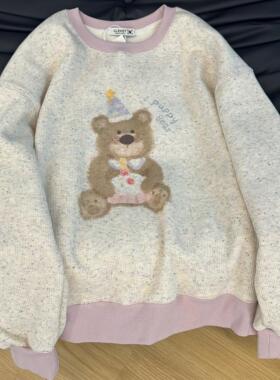 KFCAG拼色圆领小熊印花加绒上衣女2025秋冬新款可爱百搭减龄卫衣