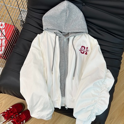 欧货字母刺绣卫衣连帽拼接假两件棒球服外套女2025年春秋宽松洋气