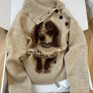 设计感慵懒可爱小狗毛衣纽扣长袖针织衫女装秋冬气质宽松休闲上衣