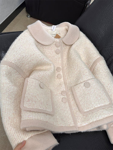 奶呼呼小香风粉白色夹棉娃娃领毛呢大衣女冬季复古短款呢子外套